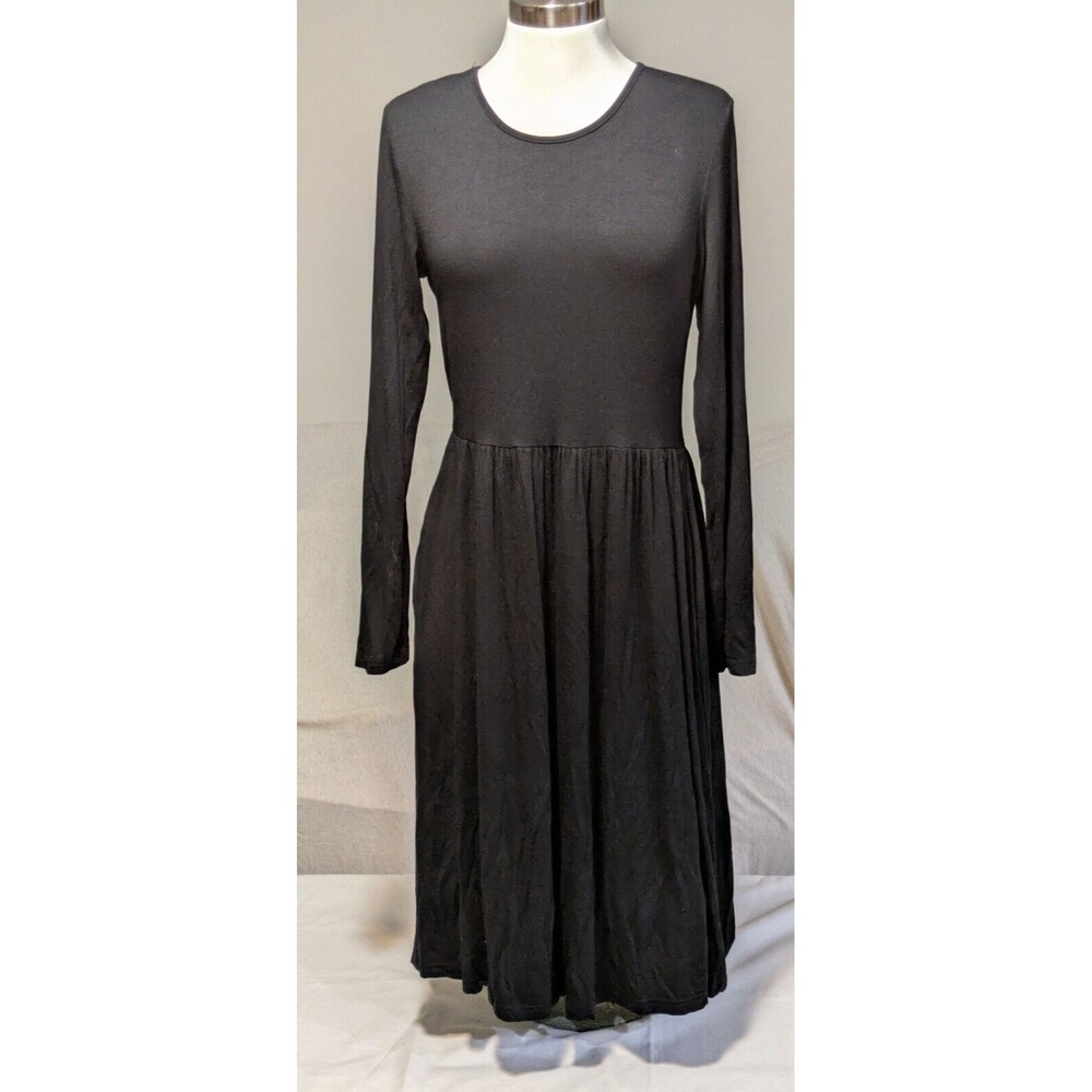 DB MOON Casual Black Long Sleeve Dress Pockets Loose Plain Pleated Med Dress NWT